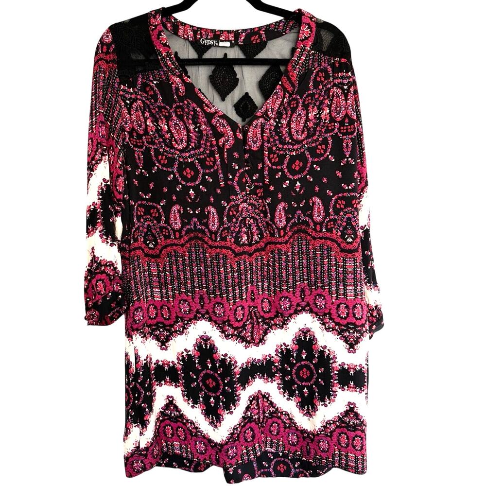 Gypsy 05 Silk Boho Floral Shift Dress Lace Back V Neck Medium